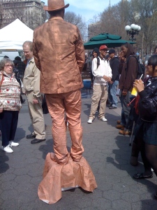 Copper Suit street mime at Union Square Farmer's Market.